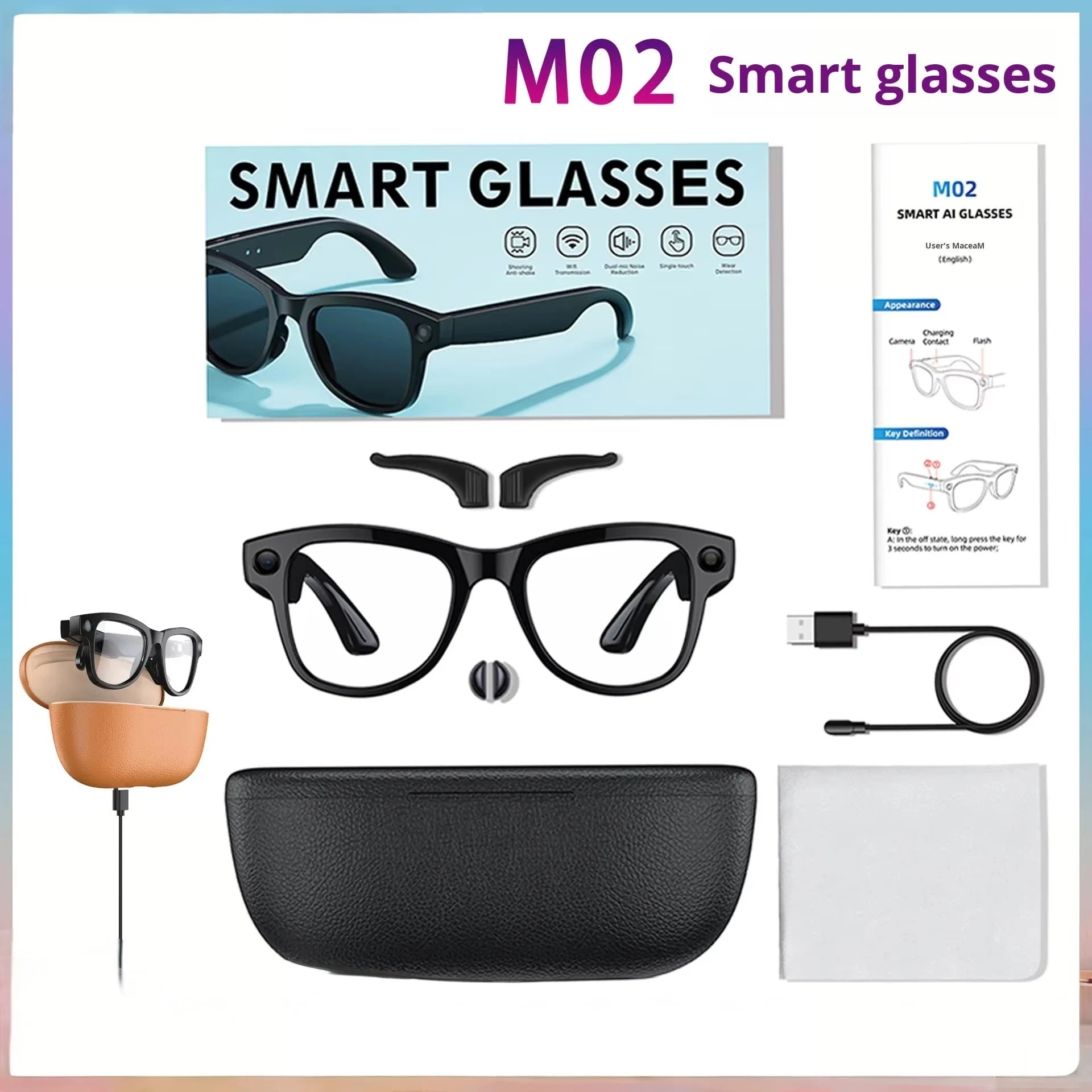 M02 Fashion Smart Glasses with Charging Case 8-Megapixel High-Definition Camera AI Translation Video & Photo Recording 32GB
