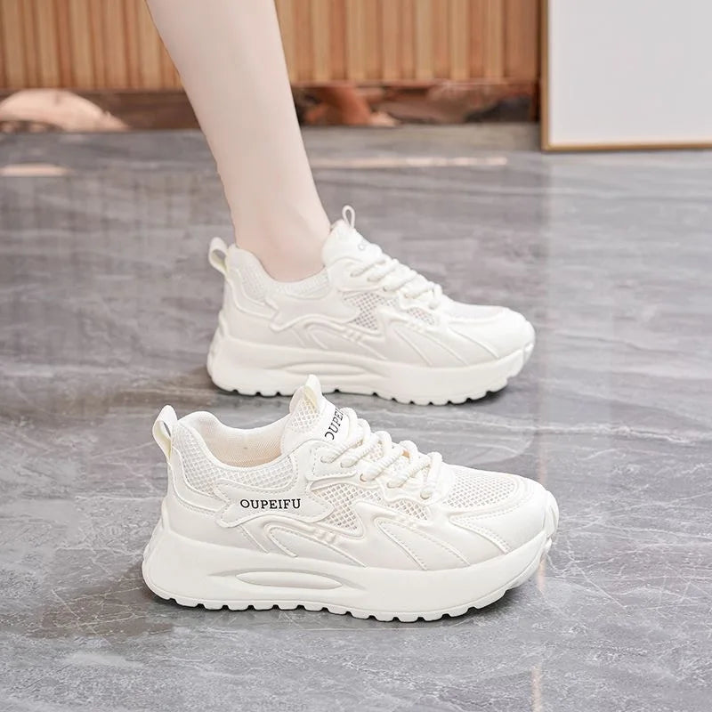 Women's Korean Style Summer Casual Soft Sole Running Sneakers New Breathable Mesh Design Height Increasing Thick Sole for Autumn