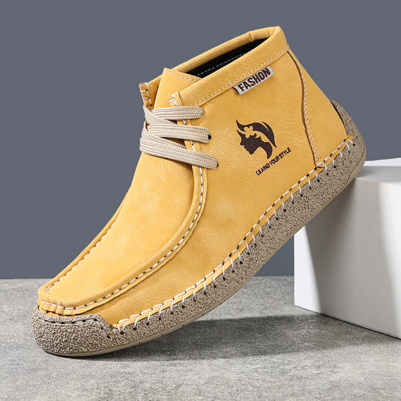 Factory Supply Accept OEM Service Handmade Stitched Microfiber Leather Comfortable Slip-On Middle Top Men Casual Sneaker Boots