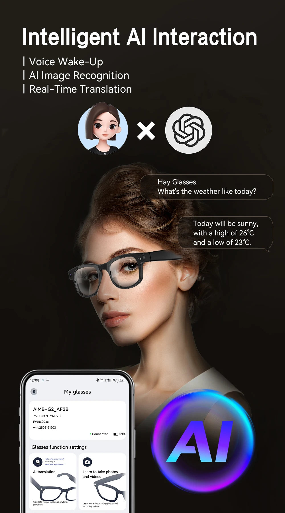 G2 Real-Time Translator Smart Glasses AI Voice Translation 8MP Camera for 32GB Music Player Wireless-Charge for Travel
