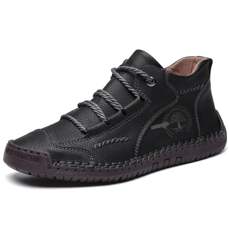 Men's Retro Lace-up Short High Top Boots Autumn Leather Flat Bottom Casual Shoes Plus Size Board Shoes