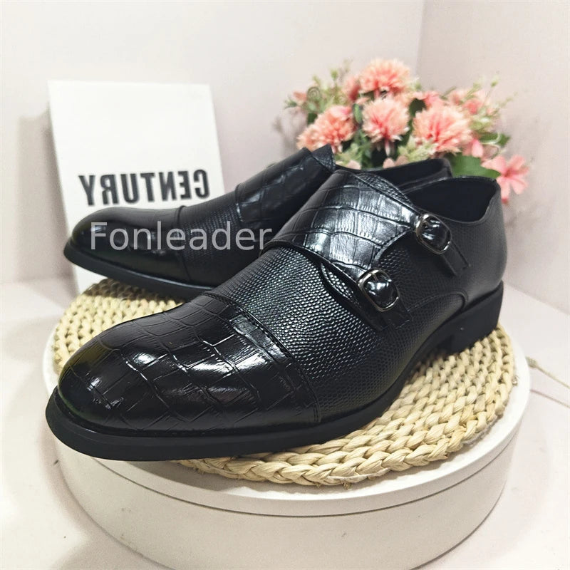 Point Toe Plus Size 14 Fashion Business Formal PU Leather Monk Strap Men Dress Shoes