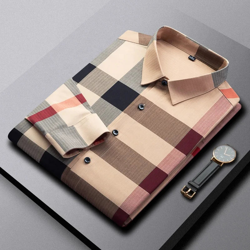 Men's High-End Fashion Long Sleeve Plaid Shirt Casual Non-Iron Striped Design Anti-Pilling Feature for Autumn Season