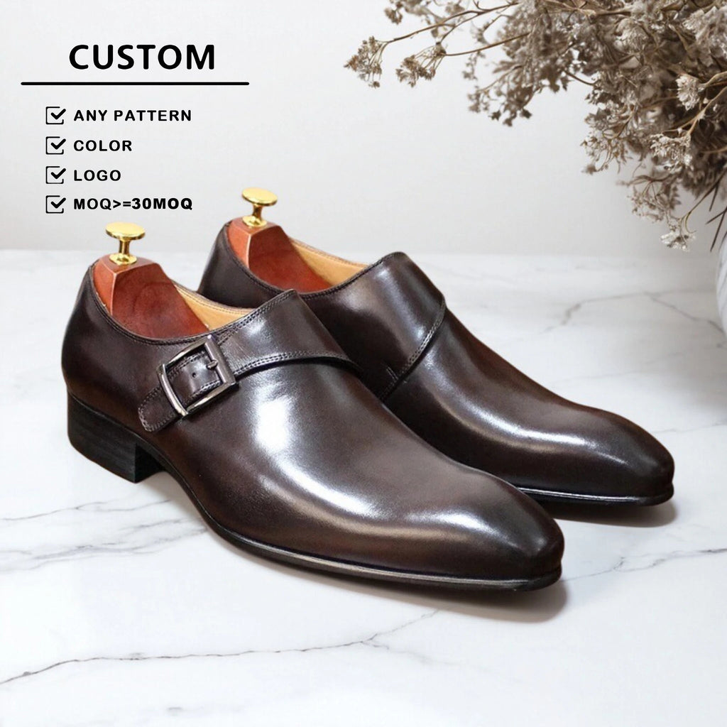 Men's Formal Monk Strap Genuine Leather Pointed Toe Flat Comfort Shoes-Office & Career All Seasons