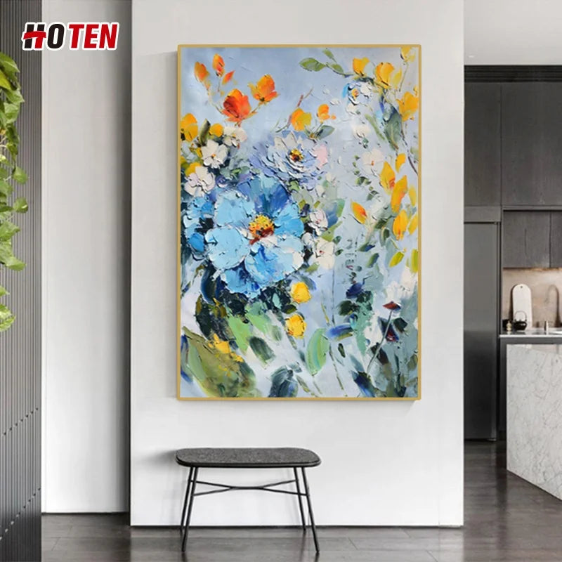 Simple Modern Blue Flower Abstract Oil Painting Hand-Painted Canvas Decorative Painting for Restaurant or Bedroom