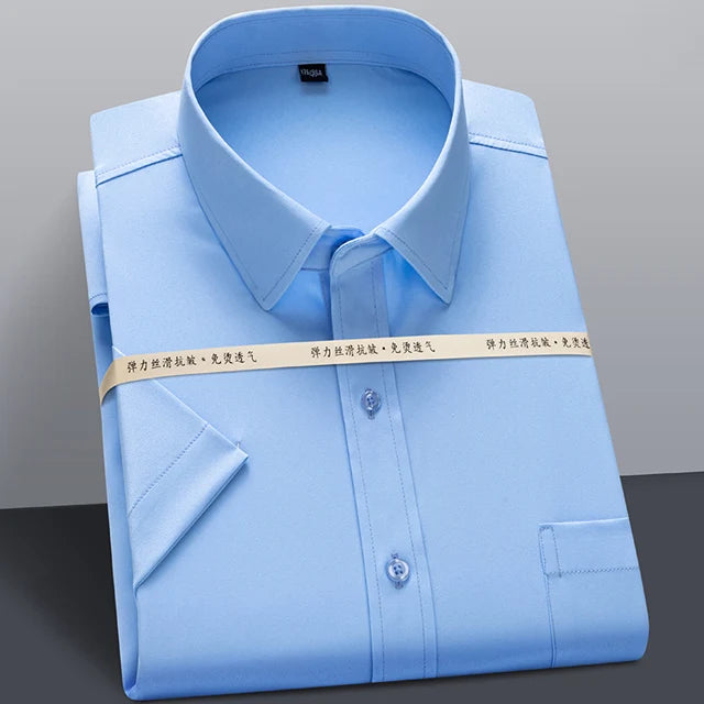 Men's Summer Short Sleeve Stretch Striped Dress Shirts Standard-fit Formal Business Wrinkle Resistant Thin Classic Basic Shirt