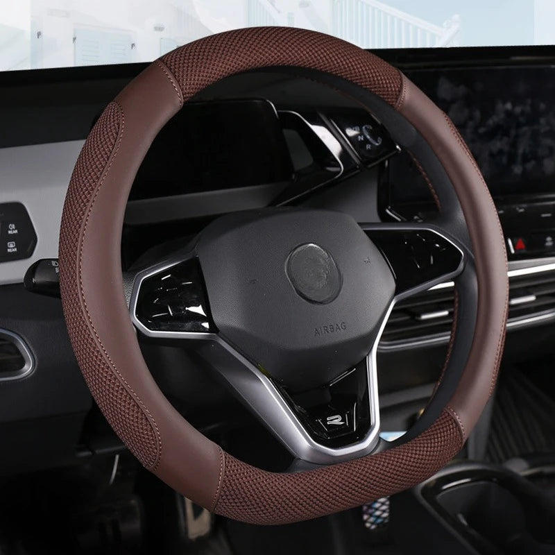 Universal Car Steering Wheel Cover Metal Strip Anti Slip Pattern Faux Leather Covers for 38cm Diameter Auto Steering Wheel