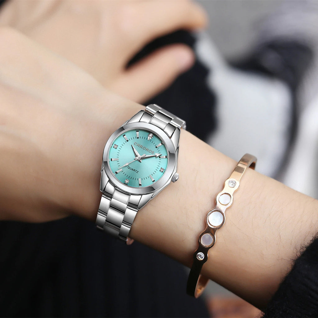 CHRONOS Stainless Steel Fashion Women's Wristwatch Luxury Waterproof Ladies Watch Business Rhinestone Watches For Female Gift
