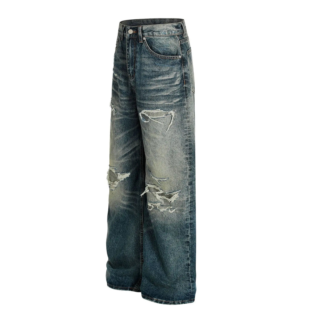 Men's Loose Ripped Jeans - Vintage Distressed Curved Silhouette, Washed Denim, High-End American Streetwear
