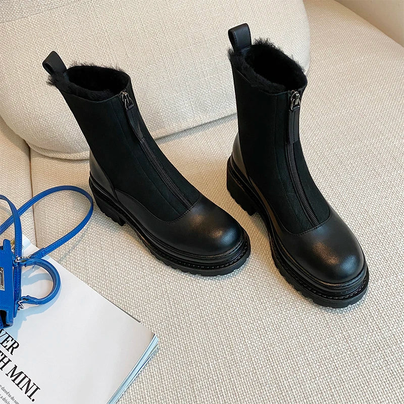 MEZEREON Snow Boots Cow Leather Women Winter Shoes Warm Plush Inside Snow Boots With Zippers 4.5 CM Med Heel Outdoor Botas Mujer