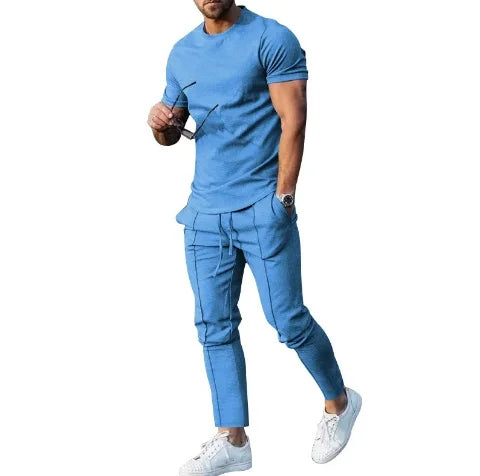 Sports Suit Men's Solid Color Casual Round Neck Short Sleeved Sports T-shirt+pocket Pants Two-piece Set Streetwear - Free Item Weekend (50% off).