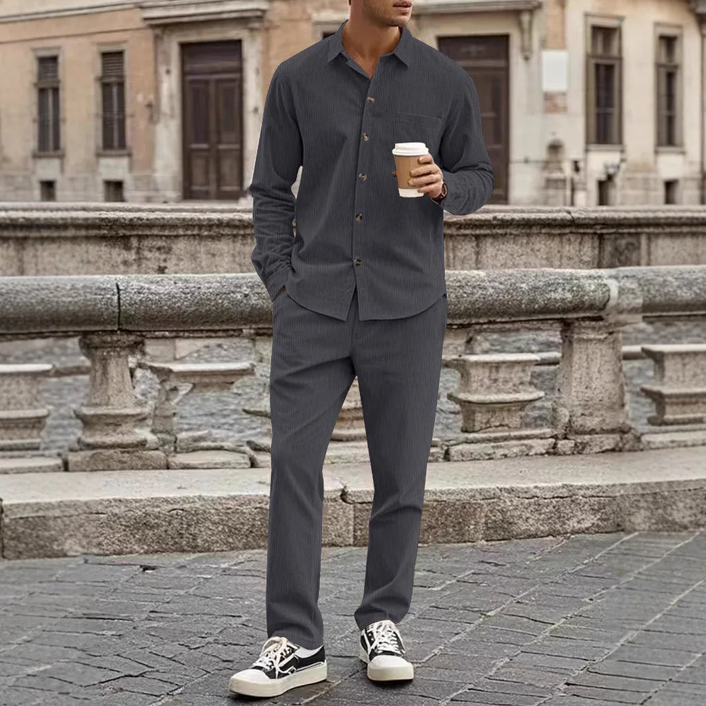 Fashion Men's 2-Piece Suit Casual Button Down Cardigan Long Sleeve and Long Pants Spring Autumn Suit