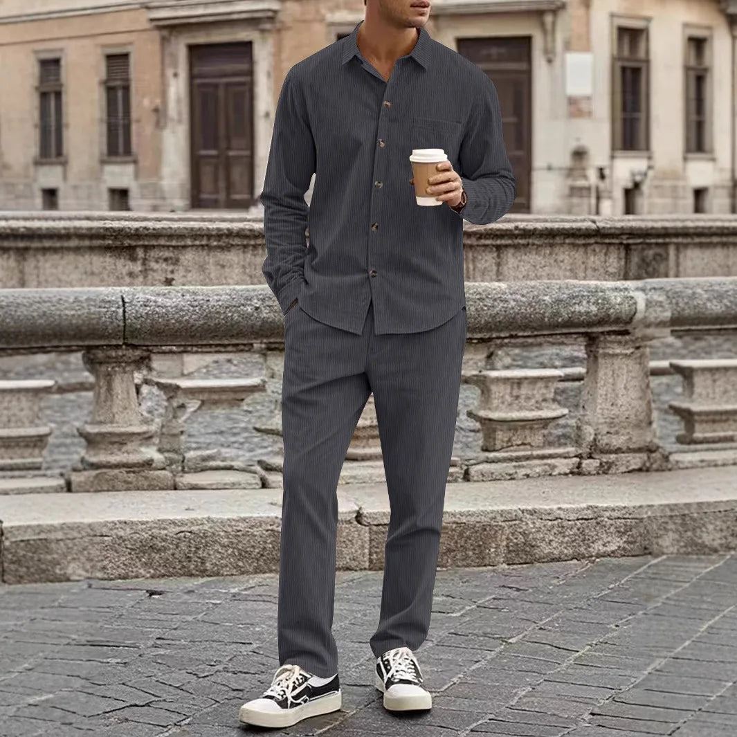 Fashion Men's 2-Piece Suit Casual Button Down Cardigan Long Sleeve and Long Pants Spring Autumn Suit