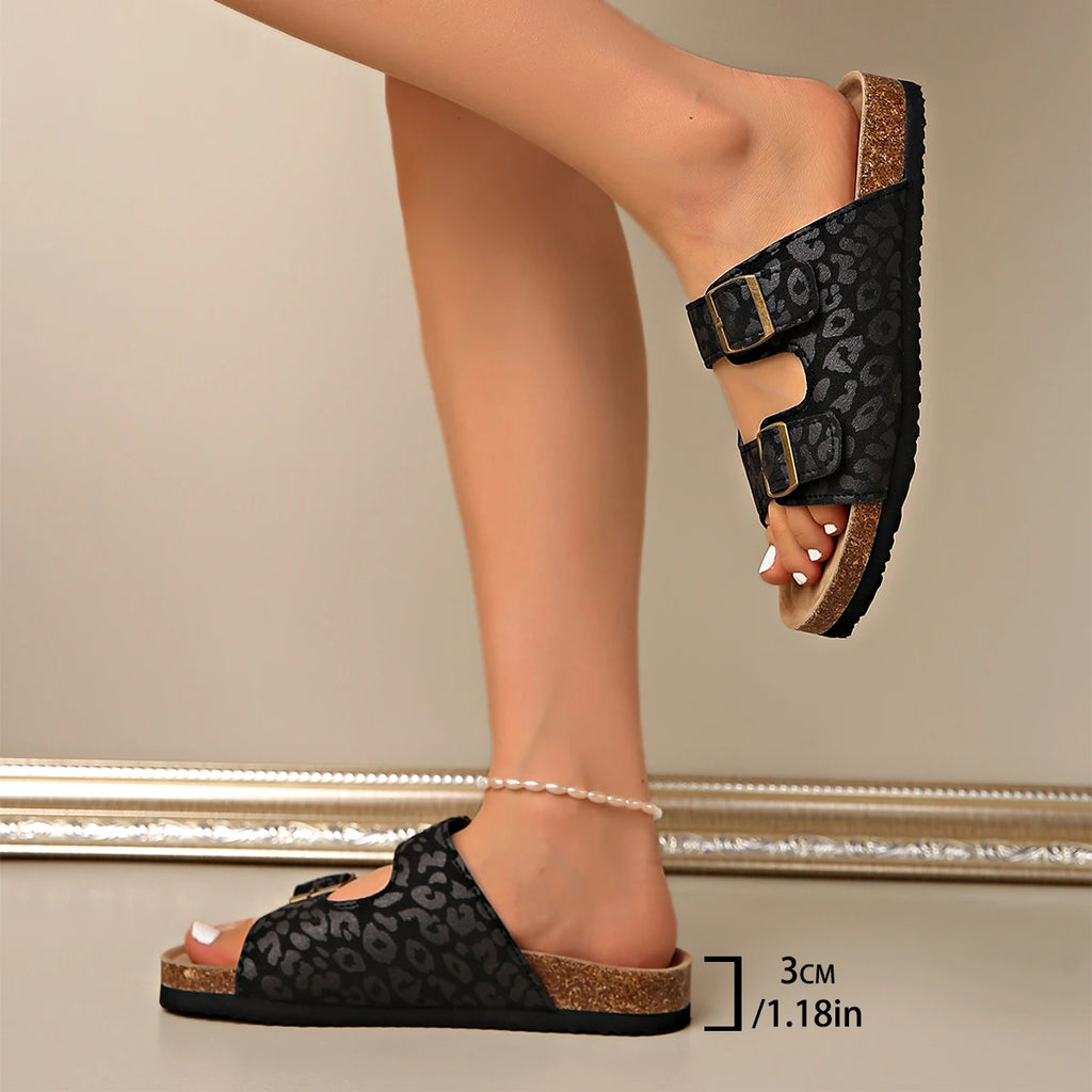 Women's Cool Casual Leopard Print Beach Sandals Slip-On Double Button Cork Slippers Back Fashion Trend Anti-Slippery