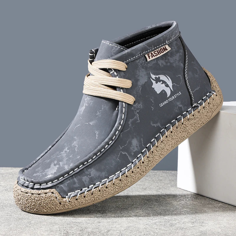 Factory Supply Accept OEM Service Handmade Stitched Microfiber Leather Comfortable Slip-On Middle Top Men Casual Sneaker Boots