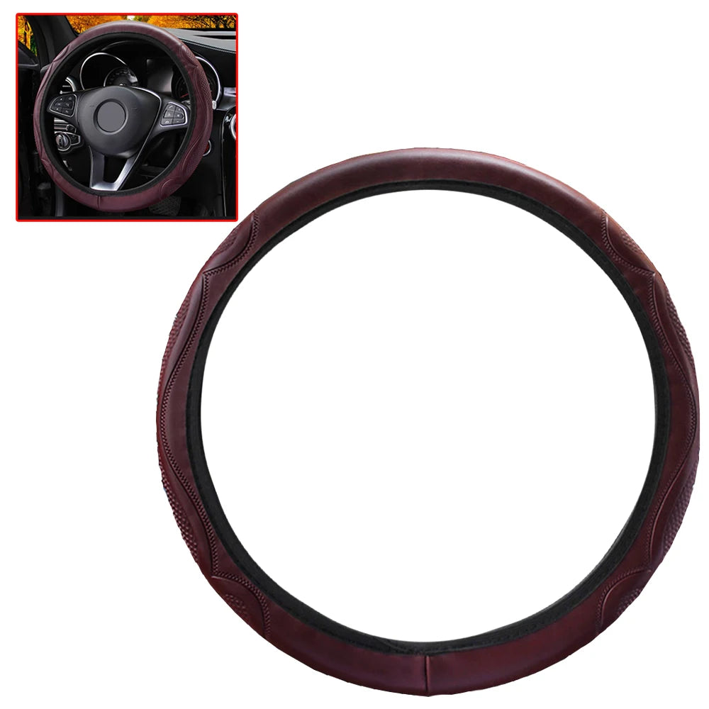 38cm Wine Red Car Steering Wheel Cover Soft Leather Breathable Anti-slip Cover Universal Soft Fibe Leather Steering Accessories