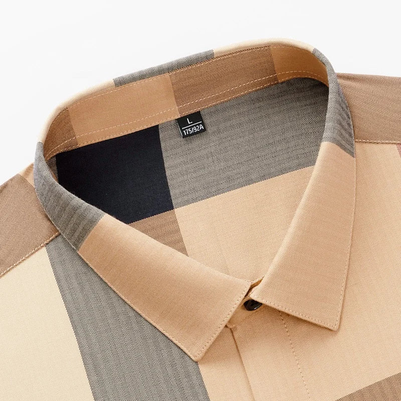 Men's High-End Fashion Long Sleeve Plaid Shirt Casual Non-Iron Striped Design Anti-Pilling Feature for Autumn Season