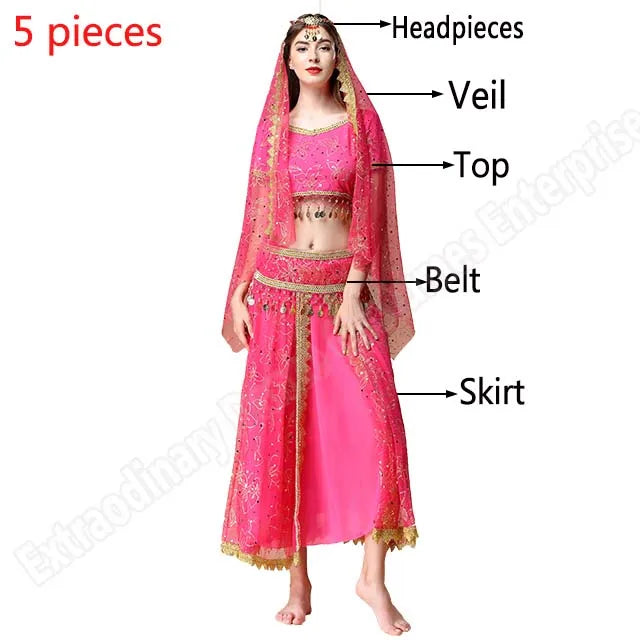 Sari For Women Indian Clothes Sari Bollywood Dress Belly Dance Costume Suit Women Chiffon 5pcs (Headpieces Veil Top Belt Skirt)