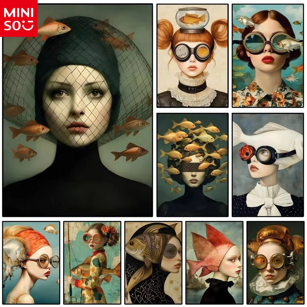 MINISO Oil Painting By Numbers Surrealism Woman Portrait Canvas Fish And Girl wall art Acrylic Paint By numbers For Adults