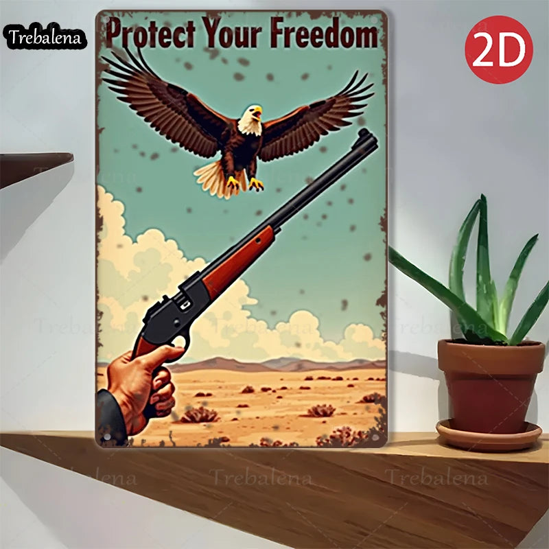 1PC 2D Flat 8*12inch Metal Sign Eagle and Rifle Desert Freedom Art Tin Sign