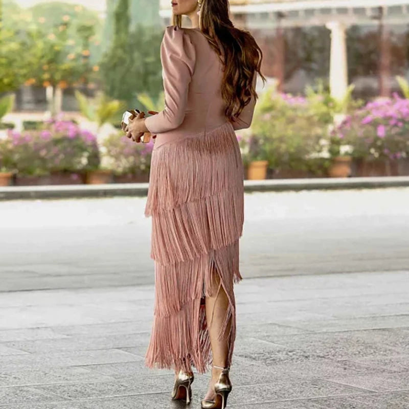 French Elegant Deep V Neck Slim Prom Dresses 2025 Spring Solid Spliced Tassel Long Dress Woman Long Sleeve New Autumn Maxi Dress