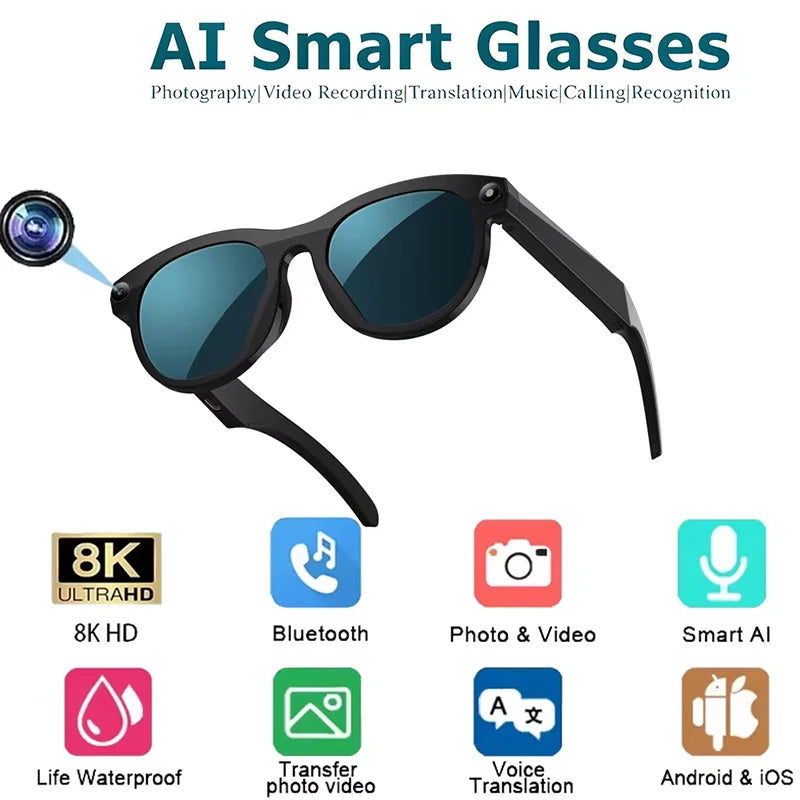 AI Smart Glasses 8K HD Camera 1200W Pixels SunGlasses Multifunctional Bluetooth Call Voice Assistant Music Translation Glasses