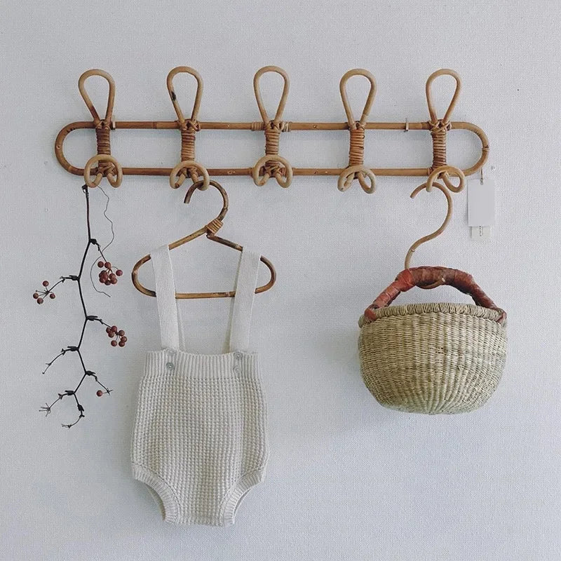 Rattan Hanger Rattan Wall Hooks Kids Garments Organizer Rack Clothes Hat Hanging Hook Kids Room Clothing Storage Decor Hangers