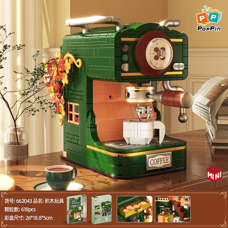 Retro camera, nostalgic coffee machine, telephone, building block model, creative assembly toy, desktop decoration, gift