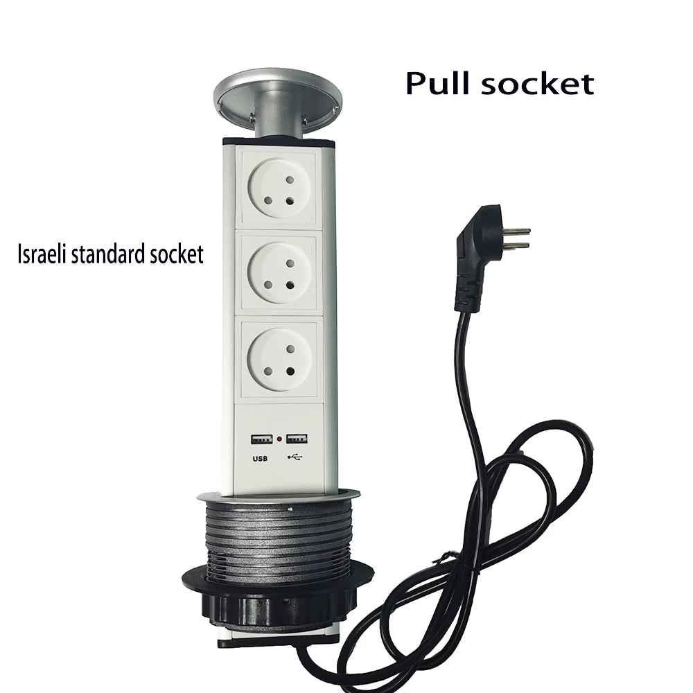 POP UP SOCKET Israel Socket,USB Plug,AC 110v-250v, Silver/Black ,PD 20W super charging  Office, Kitchen Hidden Lifting Socket,