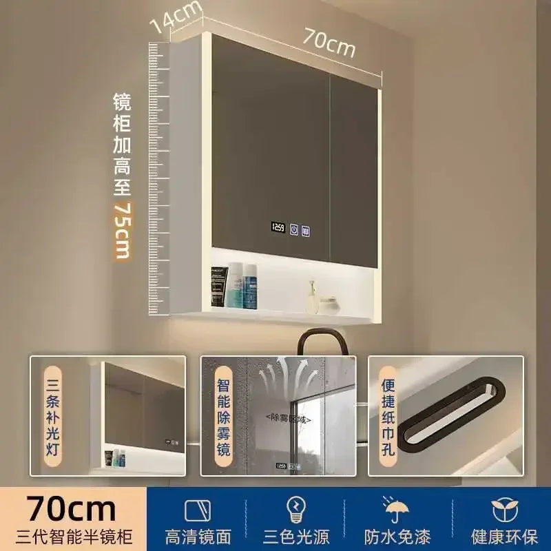Smart Bathroom Cabinets Makeup Mirror Storage Cabinet LED Light Wall Mirror Cabinet with Time Digital Display Bathroom Furniture