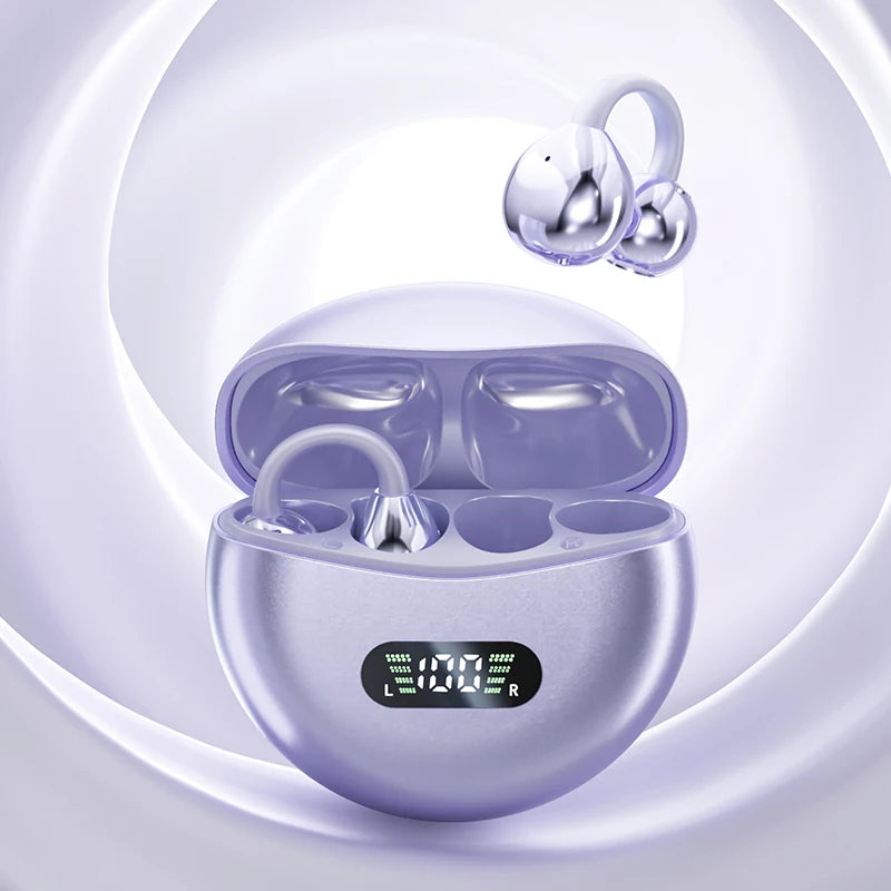 Wireless Bone Conduction HIFI Bluetooth 5.4 Earbuds Clip On Ear With Mic Digital Display Waterproof Sport Headsets 2025