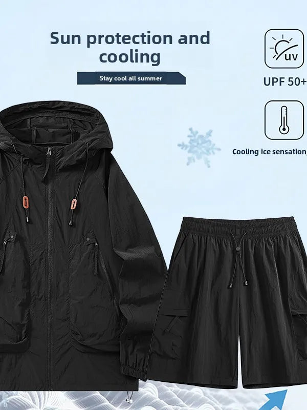 Men's Summer Thin Breathable Hat Sun Protection Suit Outdoor Fishing Climbing Function Couple Set Long Sleeve Short Pants