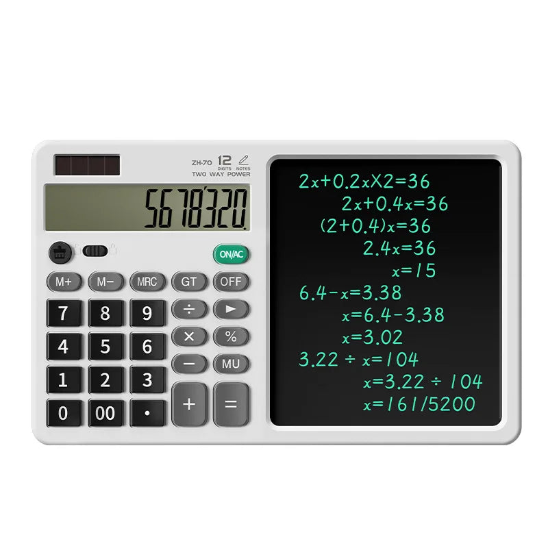 Desktop office calculator; Financial accounting; School office; Teacher student writing draft memo; Handwriting board computer.