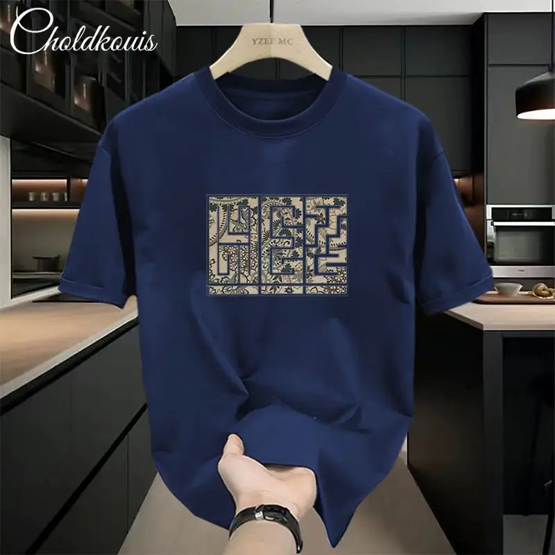New Summer Luxury Man Casual Cotton 100% Tops for Men O-Neck Loose Printed White T-Shirts 200g Short Sleeved T-shirt for Men