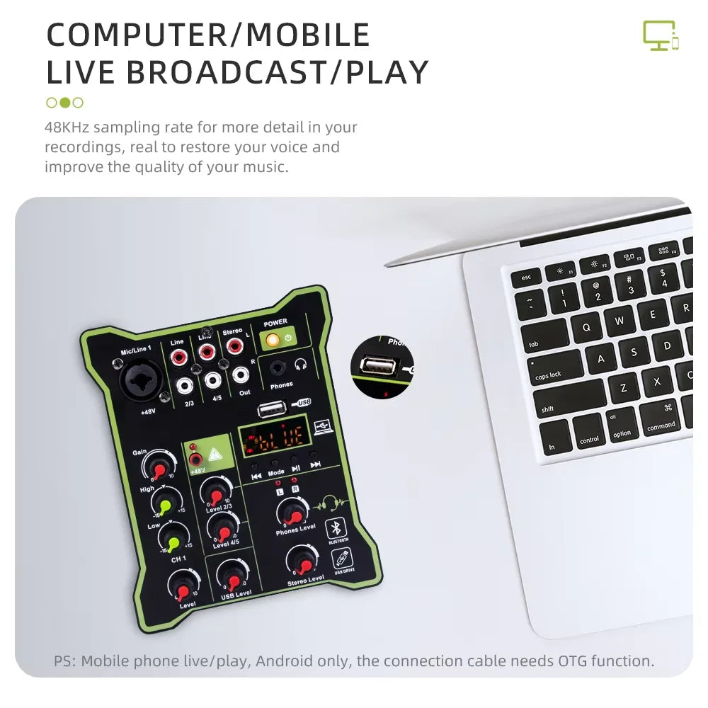 Mini Mixing Console Podcast 4 Channels Sound Card Audio Mixer Individual 48V Bluetooth USB PC Play Record