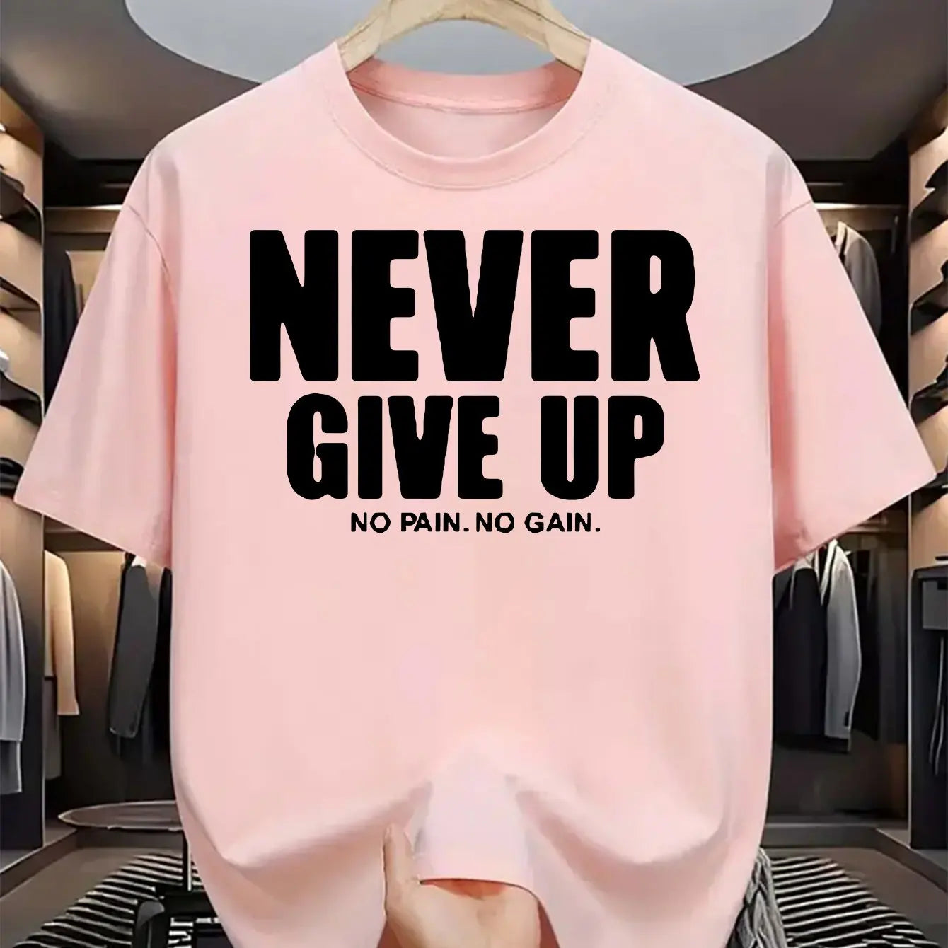 Men's 100% pure cotton fashionable casual loose sports never give up letter pattern printed round neck short sleeved T-shirt top