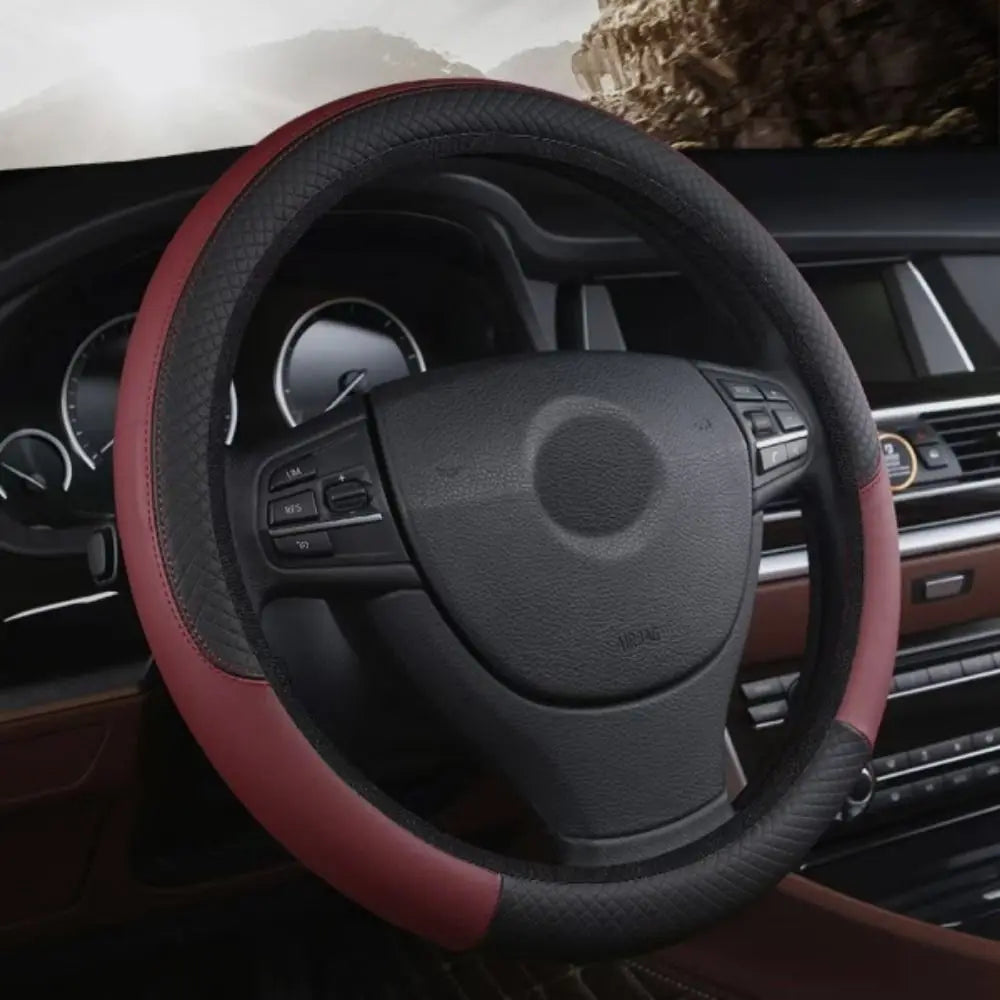 38cm Steering Wheel Cover PU Leather Anti Slip Steer Wheel Protector Fiber Braid Breathable Steering Cover