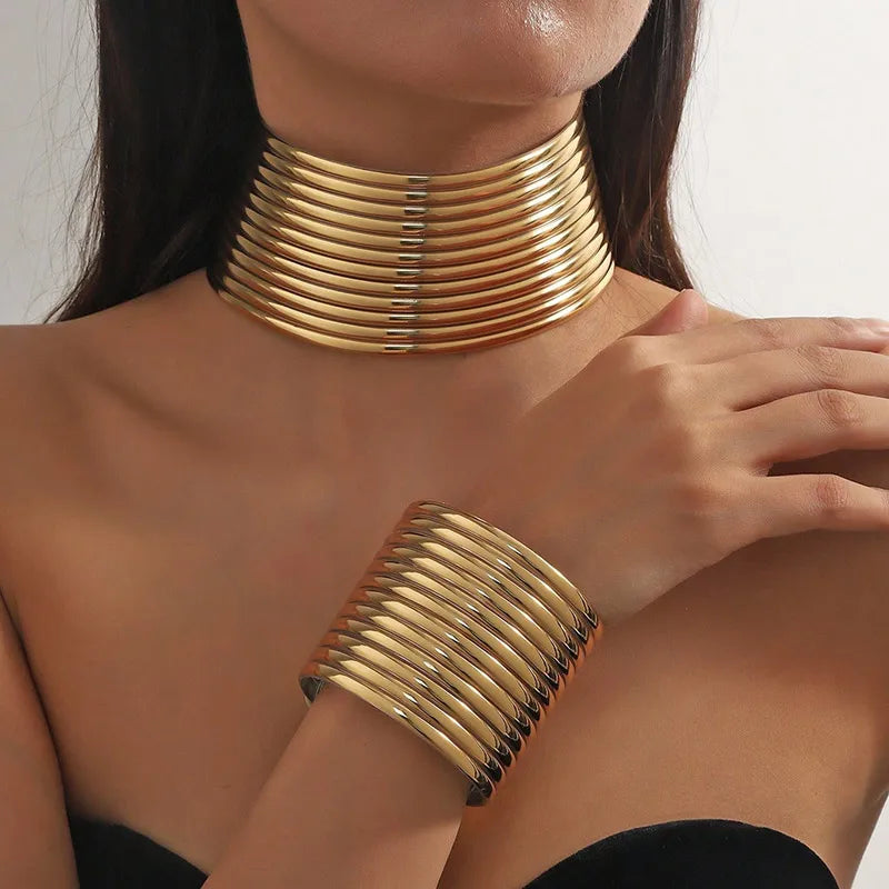 Fashion Punk Style Golden Wide Choker Necklace Bracelet Sets Jewelry For Women Party Accessories Punk Chunky Necklaces Sets