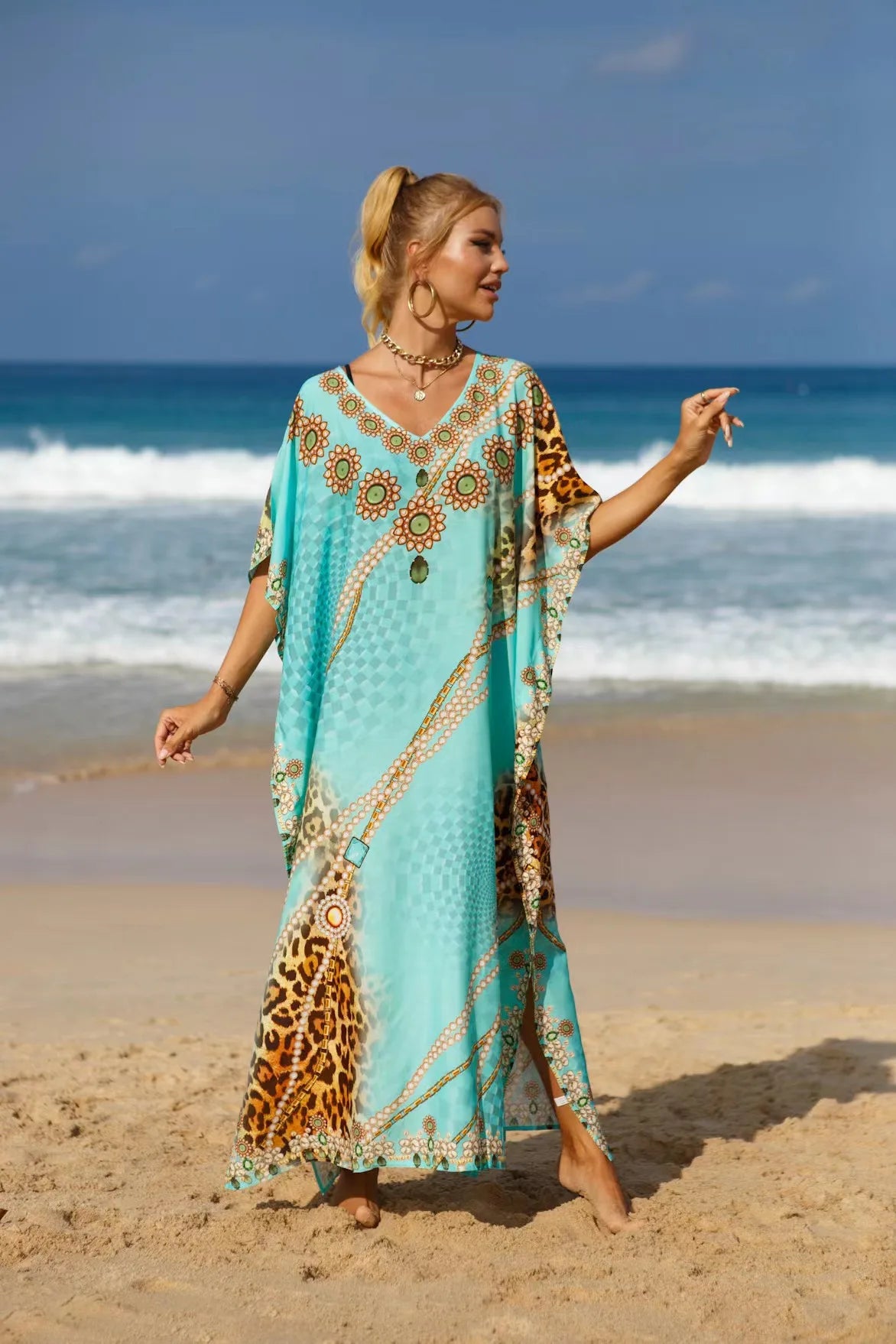 Kaftan Dresses Tropical Printed Cover Ups for Swimwear Women Elegant Maxi Robe Holiday Bathing Suits Dropshipping Hot Sales