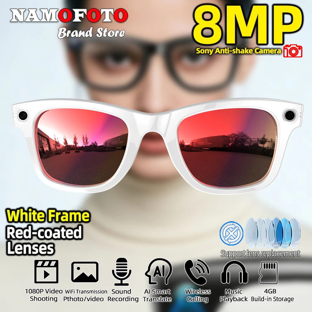 2026 New AI Smart Glasses with 8MP Camera 1080P Video Record 4GB Men Women SI Real-time Translation BT Call Music Play Lenses