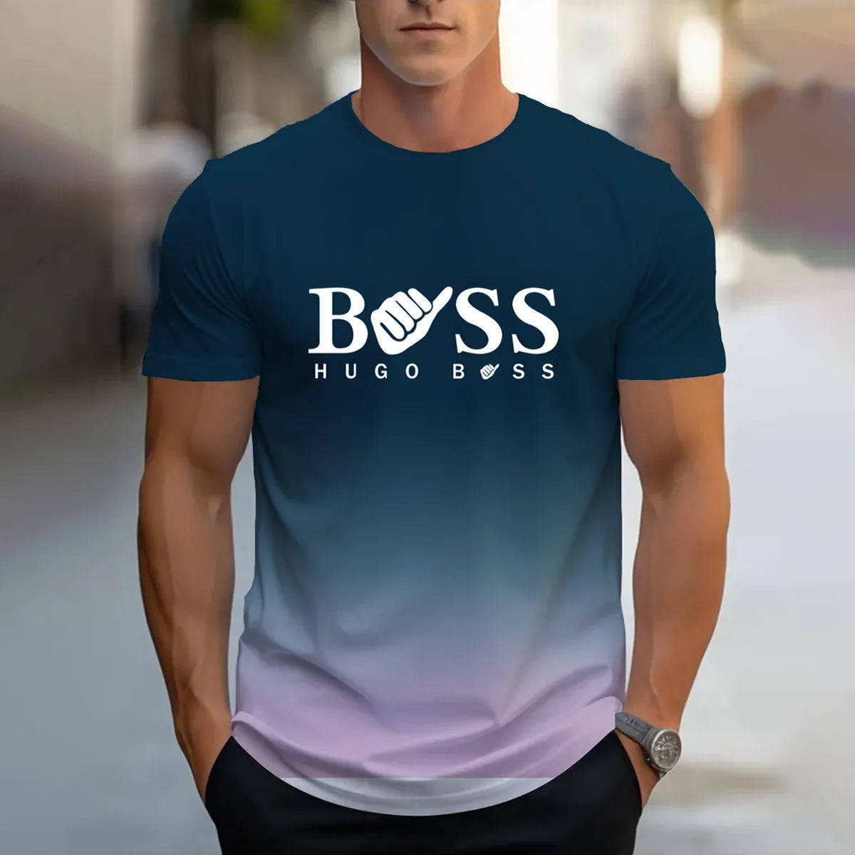 men's summer clothing casual gradient color short sleeved digital letter printed casual versatile round neck T-shirt top for men