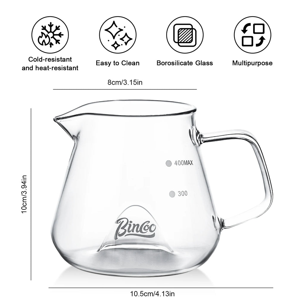 Bincoo 400ML Clear Glass Coffee Carafe Heat Resistant Visual Brewing Control Easy Sharing Pour over Coffee Maker