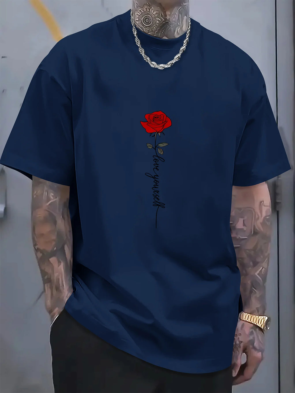 Men's summer 100 cotton fashionable casual sports loose red rose pattern printed round neck short sleeved T-shirt top