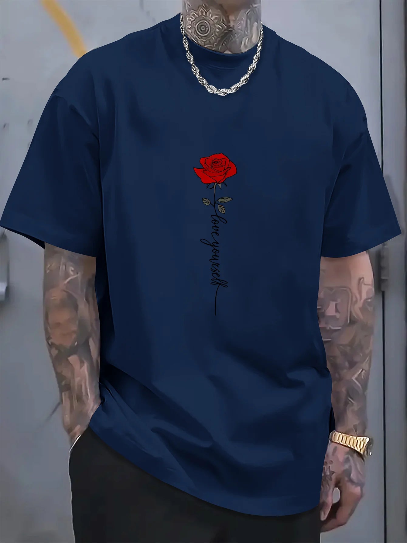 Men's summer 100 cotton fashionable casual sports loose red rose pattern printed round neck short sleeved T-shirt top