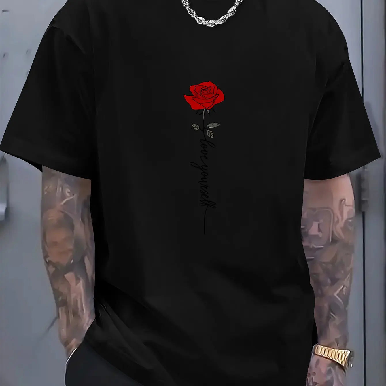 Men's summer 100 cotton fashionable casual sports loose red rose pattern printed round neck short sleeved T-shirt top