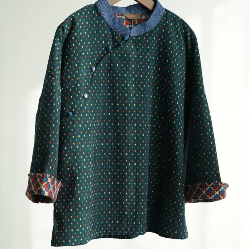 Johnature Women Vintage Cotton Shirts And Tops Polka Dot Stand Chinese Style Blouses 2025 Spring New Seven Sleeve Female Shirts