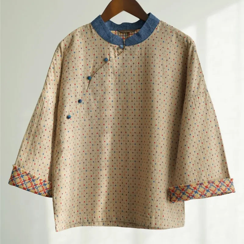 Johnature Women Vintage Cotton Shirts And Tops Polka Dot Stand Chinese Style Blouses 2025 Spring New Seven Sleeve Female Shirts