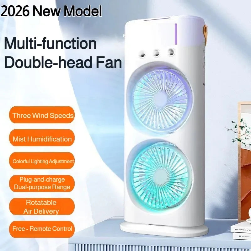 New 3 in 1 Dual-head Fan Household Mini Air Cooler LED Night Light Portable Humidifier Air Adjustment Fan for Office, Home