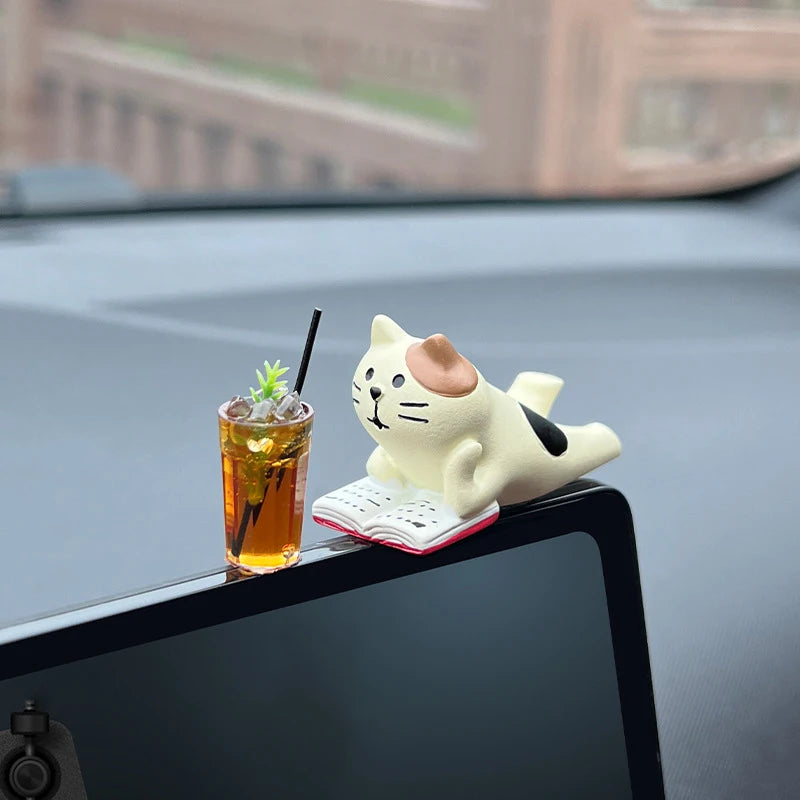 Auto Interior DIY Mini Cat Lemon Tea Coffee Scene Car Dashboard Ornaments Accessory