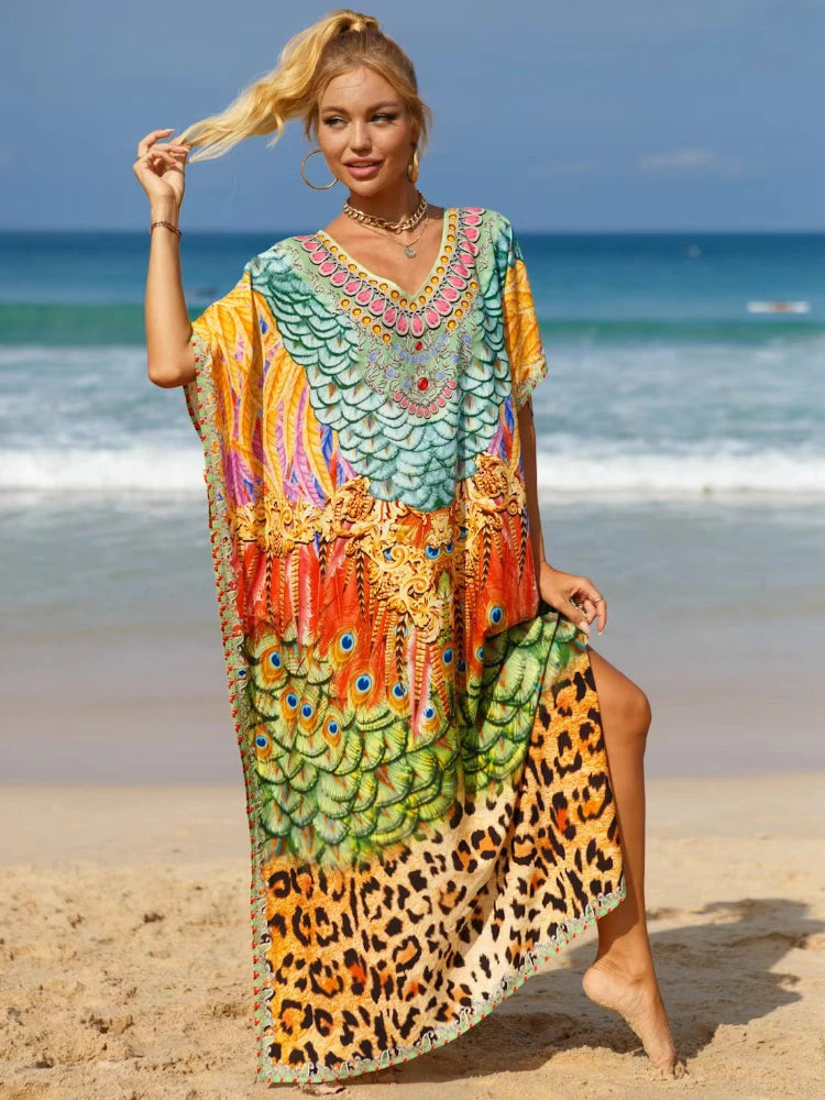 Kaftan Dresses Tropical Printed Cover Ups for Swimwear Women Elegant Maxi Robe Holiday Bathing Suits Dropshipping Hot Sales